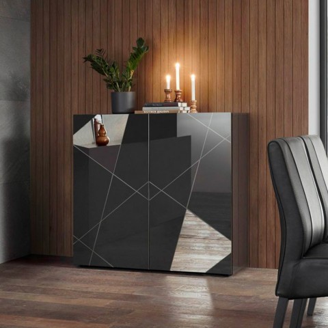 Moderne grijs hoogglans dressoir 2 deuren met spiegels Vittoria Glam GR Aanbieding