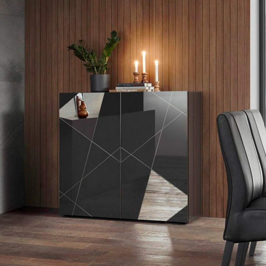 Moderne grijs hoogglans dressoir 2 deuren met spiegels Vittoria Glam GR Aanbieding Moderne grijs hoogglans dressoir 2 deuren met spiegels Vittoria Glam GR Aanbieding