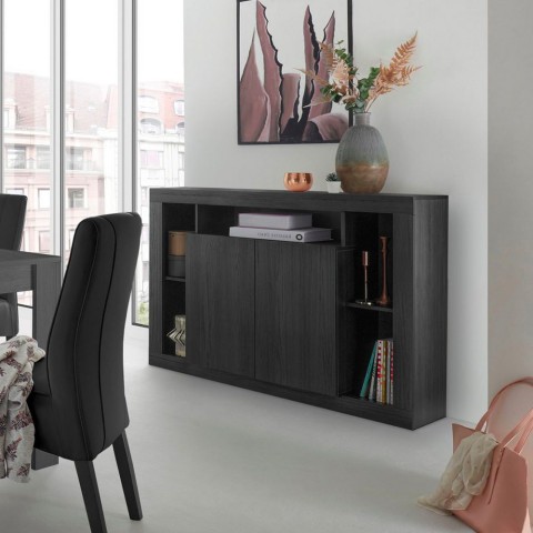 Zwarte houten dressoir 134 cm met modern design, 2 deuren Lema NR Aanbieding