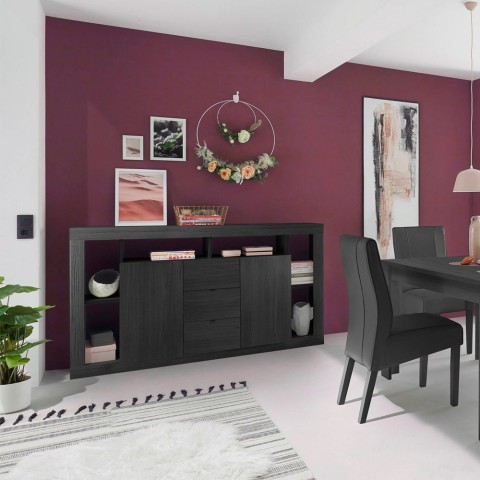 Zwarte houten dressoir met 2 deuren en 3 laden, modern design Astante NR Aanbieding