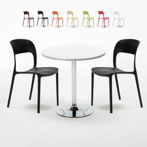 Ronde salontafel wit 70x70 cm met stalen onderstel en 2 gekleurde stoelen Restaurant Long Island