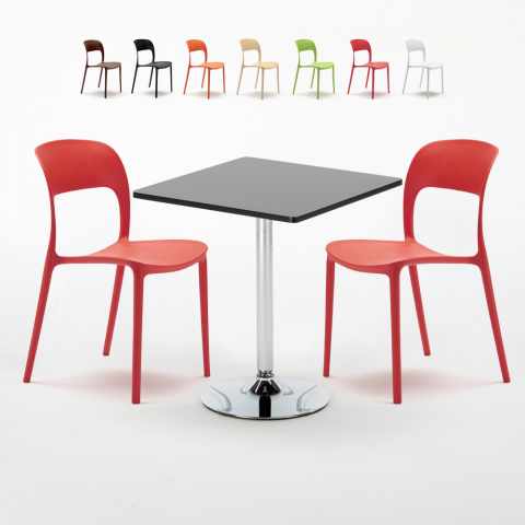Rechthoekige salontafel zwart 70x70 cm met stalen onderstel en 2 gekleurde stoelen Restaurant Mojito