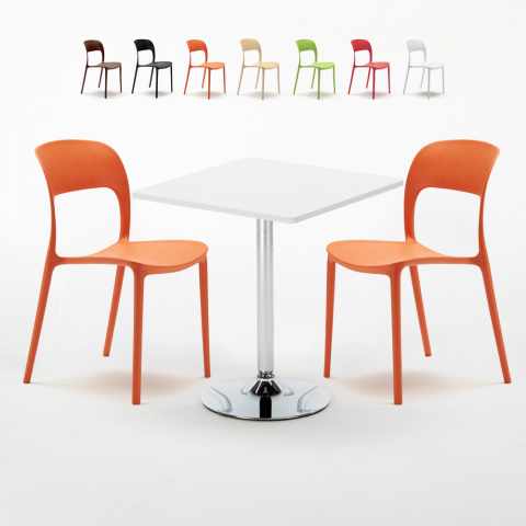 Rechthoekige salontafel wit 70x70 cm met stalen onderstel en 2 gekleurde stoelen Restaurant Cocktail Aanbieding