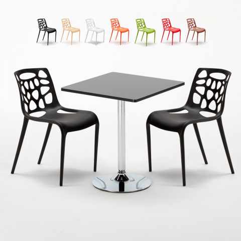 Vierkante salontafel zwart 70x70 cm en 2 gekleurde stoelen Gelateria Mojito Aanbieding