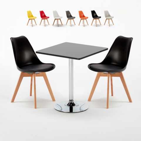 Rechthoekige salontafel zwart 70x70 cm met stalen onderstel en 2 gekleurde stoelen Nordica Mojito Aanbieding