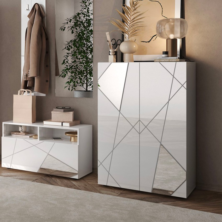 Witte hoogglans dressoir voor woonkamer of hal met 2 spiegeldeuren Elise Aanbieding Witte hoogglans dressoir voor woonkamer of hal met 2 spiegeldeuren Elise Aanbieding
