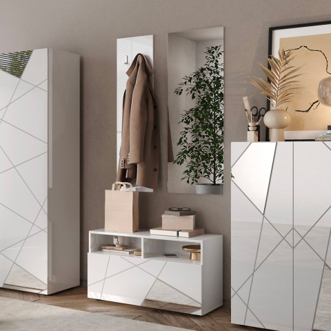 Wandgarderobe set met schoenenkast in hoogglans wit en spiegel Freya Aanbieding