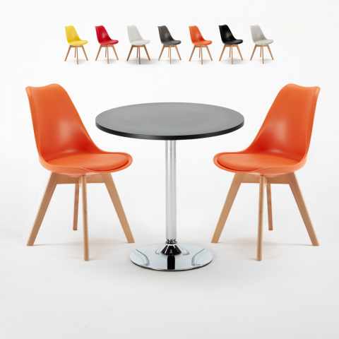 Ronde salontafel zwart 70x70 cm met stalen onderstel en 2 gekleurde stoelen Nordica Cosmopolitan Aanbieding
