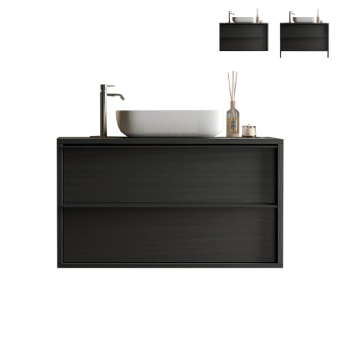 Zwevende badkamermeubel met wastafel, 2 lades, modern zwart, Bloom 92 Aanbieding