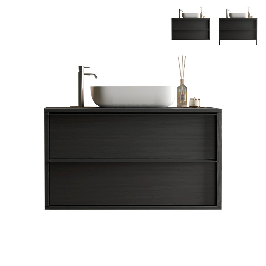 Zwevende badkamermeubel met wastafel, 2 lades, modern zwart, Bloom 92 Aanbieding