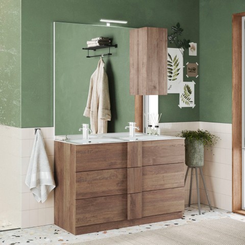 Vrijstaand badkamermeubel met 3 laden, houten constructie, dubbele wastafel, 122x47x86cm – Duet T Aanbieding