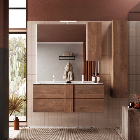 Mobiele hangende badkamermeubel van hout met dubbele wastafel, 2 laden, 122x47x53cm, Duet S. Aanbieding