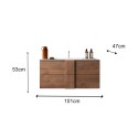 Mobiele badkamerkast van hout met 2 hangende laden en een keramische wastafel in Miel. Afmetingen