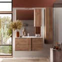 Mobiele badkamerkast van hout met 2 hangende laden en een keramische wastafel in Miel. Korting