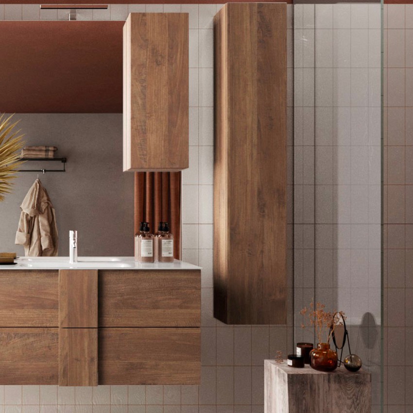 Moderne zwevende badkamerkast met 1 houten deur Jaya Aanbieding Moderne zwevende badkamerkast met 1 houten deur Jaya Aanbieding
