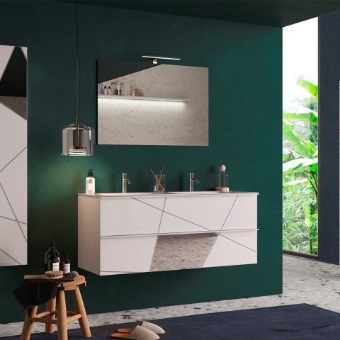 Hangende badkamermeubel met dubbele wastafel en 2 glanzend witte lades, Liz S. Aanbieding
