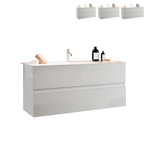 Moderne hangende badkamermeubel met glanzend witte ladekasten en wastafel. Add. Aanbieding