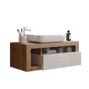 Moderne witte badkamermeubel met hangende wastafel en houten lade Kura BW Karakteristieken