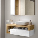 Moderne witte badkamermeubel met hangende wastafel en houten lade Kura BW Korting