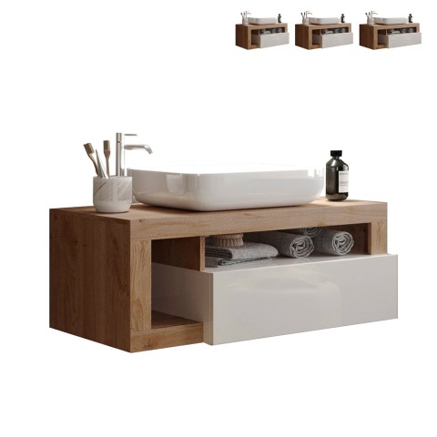 Moderne witte badkamermeubel met hangende wastafel en houten lade Kura BW Aanbieding