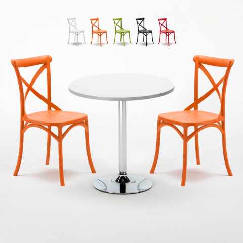 Ronde salontafel wit 70x70 cm met stalen onderstel en 2 gekleurde stoelen Vintage Long Island