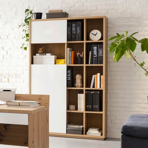 Moderne woonkamer boekenkast Sharon in eikenhout met 2 glanzend witte deuren. Aanbieding
