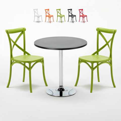 Ronde salontafel zwart 70x70 cm met stalen onderstel en 2 gekleurde stoelen Vintage Cosmopolitan Aanbieding