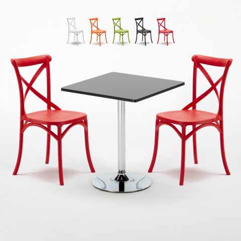 Rechthoekige salontafel zwart 70x70 cm met stalen onderstel en 2 gekleurde stoelen Vintage Mojito