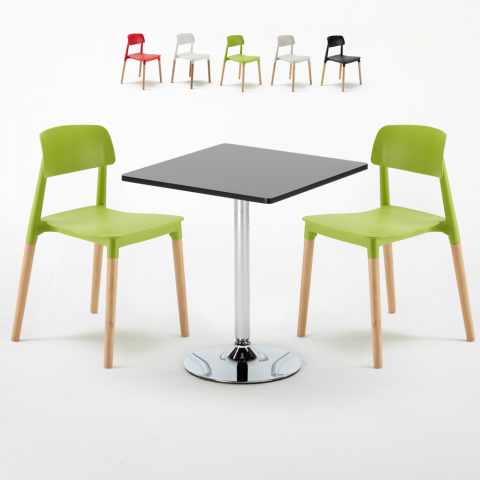 Rechthoekige salontafel zwart 70x70 cm met stalen onderstel en 2 gekleurde stoelen Barcellona Mojito