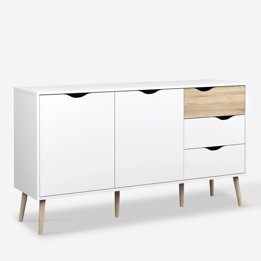 Dressoir in Scandinavische stijl met 2 deuren en 3 laden in wit en hout Kinitoo Aanbieding Dressoir in Scandinavische stijl met 2 deuren en 3 laden in wit en hout Kinitoo Aanbieding