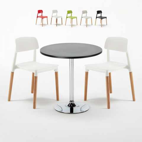 Ronde salontafel zwart 70x70 cm en 2 gekleurde stoelen Barcellona Cosmopolitan Aanbieding