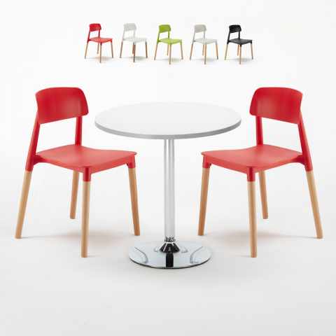 Ronde salontafel wit 70x70 cm en 2 gekleurde stoelen Barcellona Long Island Aanbieding
