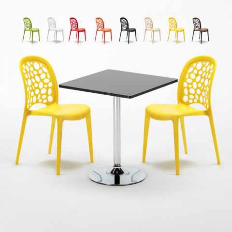 Rechthoekige salontafel zwart 70x70 cm met stalen onderstel en 2 gekleurde stoelen Wedding Mojito