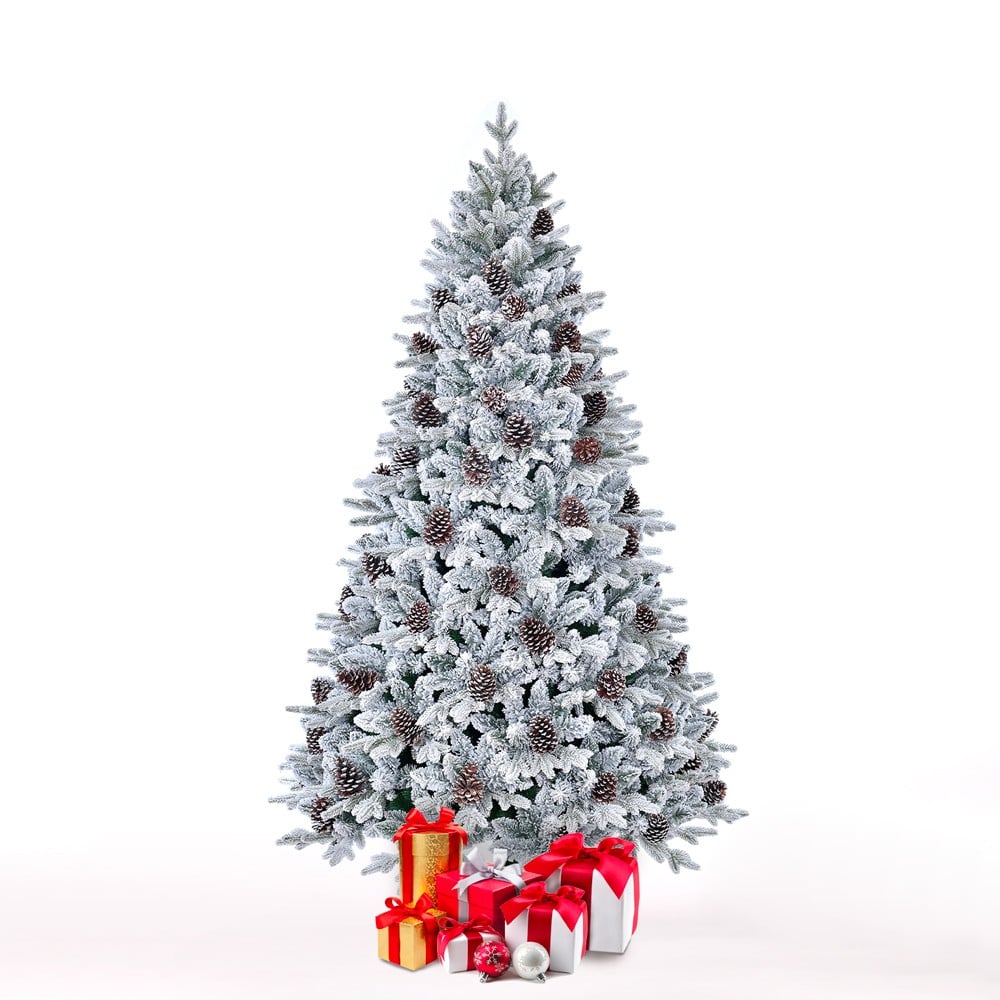 Kunstmatige besneeuwde kerstboom versierd met dennenappels 180cm Faaborg