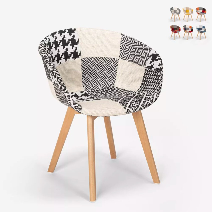 Scandinavisch design patchworkstoel in hout en stof Pigeon Kortingen Scandinavisch design patchworkstoel in hout en stof Pigeon Kortingen
