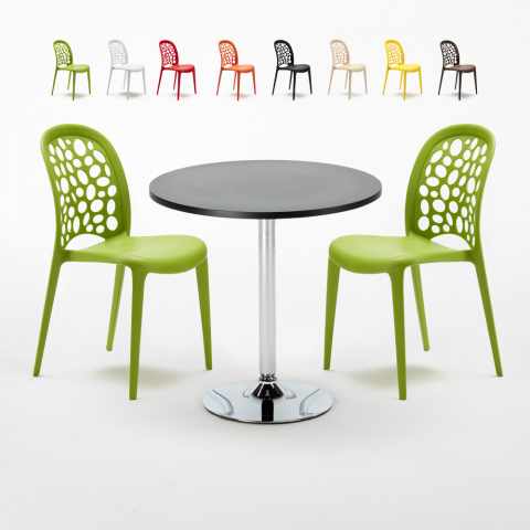 Rechthoekige salontafel zwart 70x70 cm met stalen onderstel en 2 gekleurde stoelen Wedding Cosmopolitan