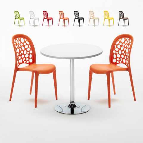 Ronde salontafel wit 70x70 cm met stalen onderstel en 2 gekleurde stoelen Wedding Long Island