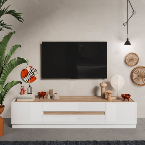 TV-meubel laag 205x40x44cm in hout met 2 deuren en 2 lades Venice Aanbieding