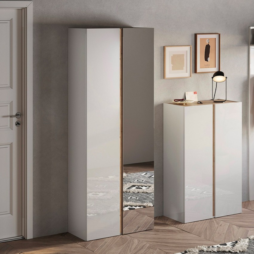 Witte hoogglans schoenenkast met spiegeldeuren voor de hal, model Alba Aanbieding Witte hoogglans schoenenkast met spiegeldeuren voor de hal, model Alba Aanbieding