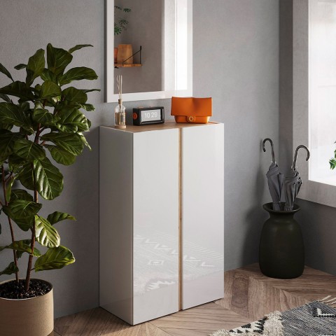Schoenenkast Hal Twee Deuren 70x35x111cm Wit Glanzend Hout Indy Aanbieding