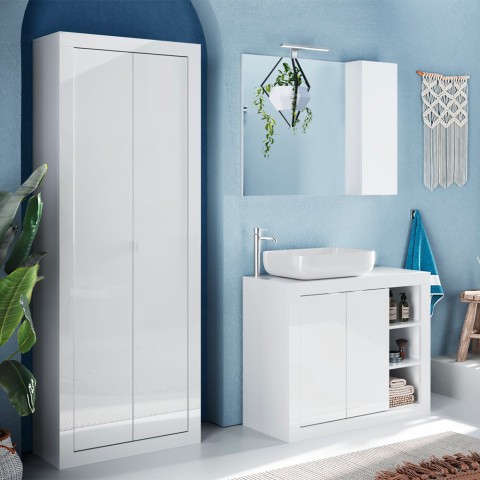 Jude - Witte glanzende badkamerkast met 2 deuren, multifunctioneel, 70x35x188cm Aanbieding