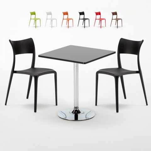 Rechthoekige salontafel zwart 70x70 cm met stalen onderstel en 2 gekleurde stoelen Parisienne Mojito