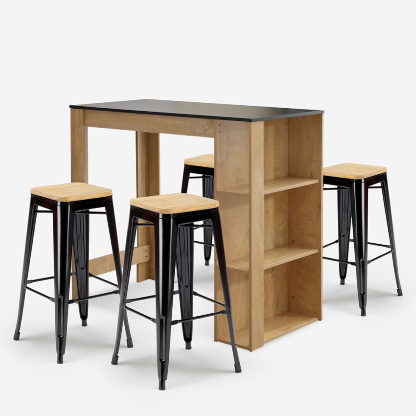 set hoge tafel hout 120x60cm en 4 zwarte barkrukken syracuse Aanbieding set hoge tafel hout 120x60cm en 4 zwarte barkrukken syracuse Aanbieding