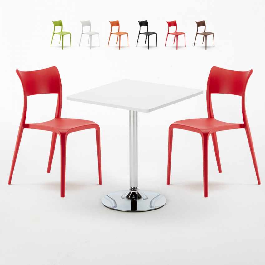Rechthoekige salontafel wit 70x70 cm met stalen onderstel en 2 gekleurde stoelen Parisienne Cocktail Aanbieding