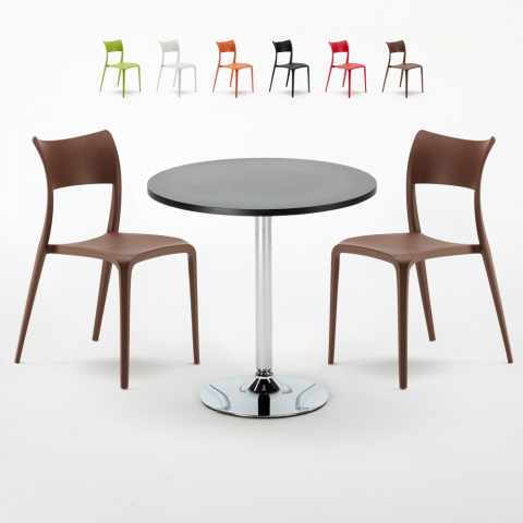 Ronde salontafel zwart 70x70 cm met stalen onderstel en 2 gekleurde stoelen Parisienne Cosmopolitan