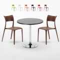 Ronde salontafel zwart 70x70 cm met stalen onderstel en 2 gekleurde stoelen Parisienne Cosmopolitan Aanbieding