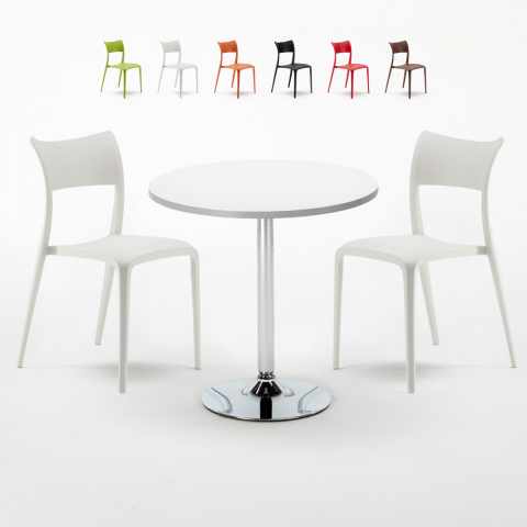 Ronde salontafel wit 70x70 cm met stalen onderstel en 2 gekleurde stoelen Parisienne Long Island