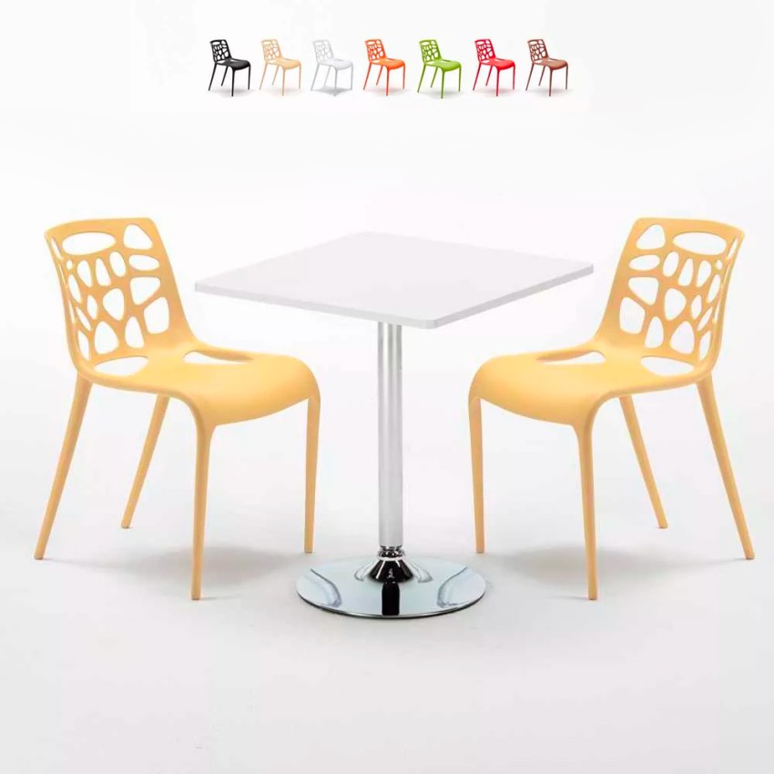 Rechthoekige salontafel wit 70x70 cm met stalen onderstel en 2 gekleurde stoelen Gelateria Cocktail Voorraad