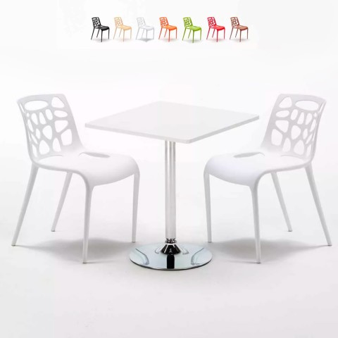 Rechthoekige salontafel wit 70x70 cm met stalen onderstel en 2 gekleurde stoelen Gelateria Cocktail Aanbieding