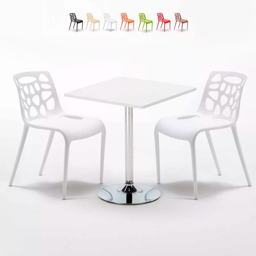 Vierkante salontafel wit 70x70 cm en 2 gekleurde stoelen Gelateria Cocktail Aanbieding Vierkante salontafel wit 70x70 cm en 2 gekleurde stoelen Gelateria Cocktail Aanbieding